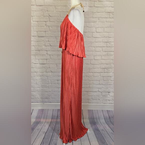 E Boston Proper Orange Plisse Pleated Halter Maxi Dress Womens Size L Rope Flowy - Picture 7 of 13
